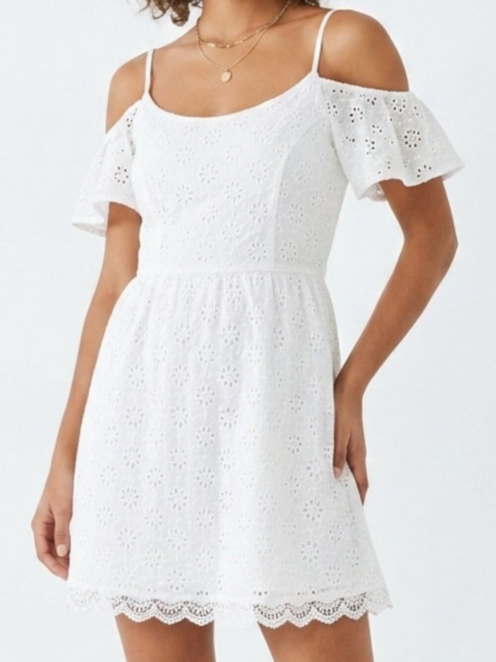 KENSIE Lace Off Shoulder Short Sleeve Mini Dress White Small